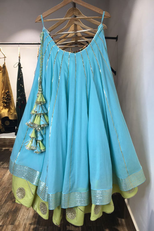 'HAYAT' Sea Green & Lime Yellow Double Layered Mulmul Cotton Kalidar Ghaghra