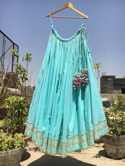 'PISTA BARFI' Mint Green Mulmul Cotton Kalidar Ghaghra