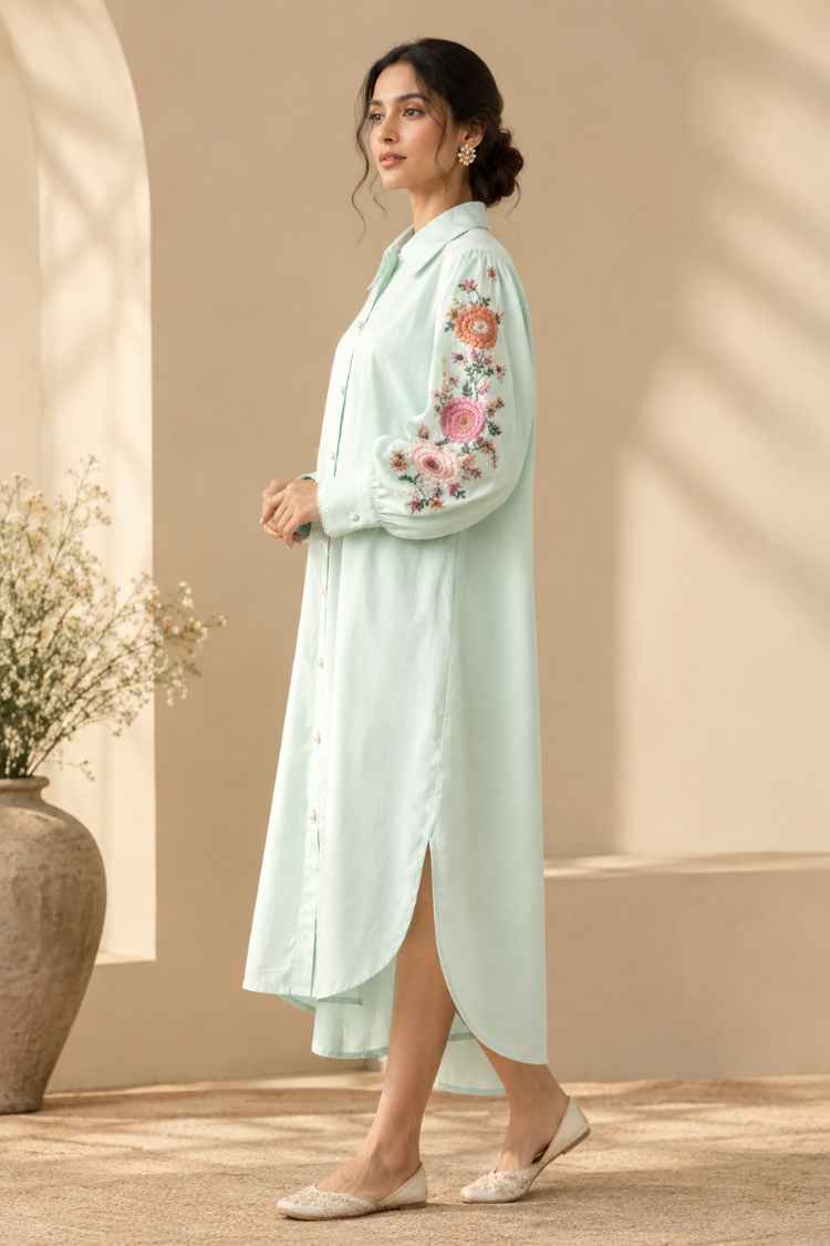 'BAHAAR' Mint Green Cotton Shirt Dress
