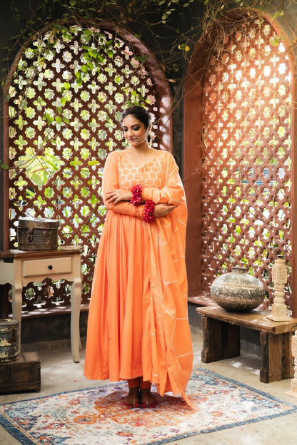 'KESARI' Orange Mulmul Cotton Anarkali (Set Of 3)
