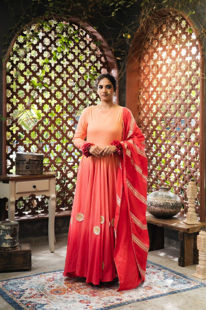 'JAAN-E-BAHAR' Orange & Maroon Ombré Mulmul Cotton Anarkali (Set Of 2)