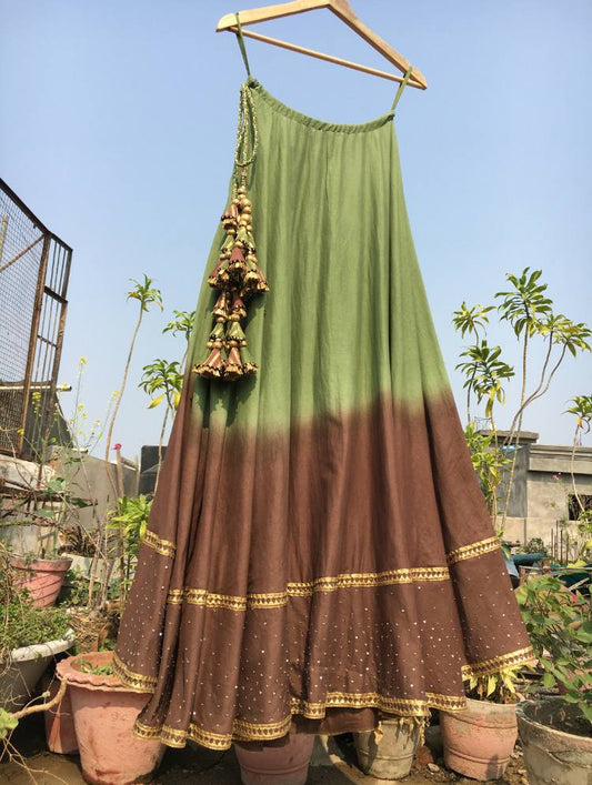 'PRITHVI' Green & Brown Mulmul Cotton Kalidar Ghaghra"