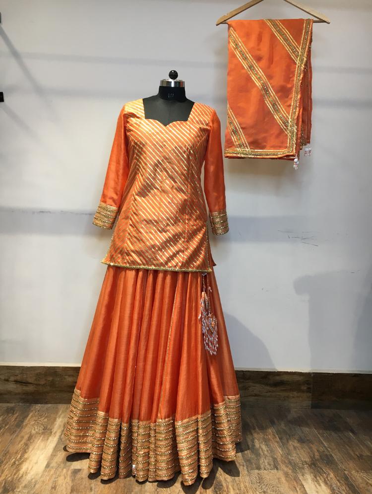 'NAARANGI NOOR' Orange Handloom Chanderi Silk Kalidar Ghaghra (Set of 3)