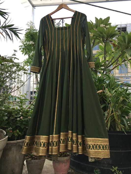 'BELA' Green Mulmul Cotton Kalidar Anarkali