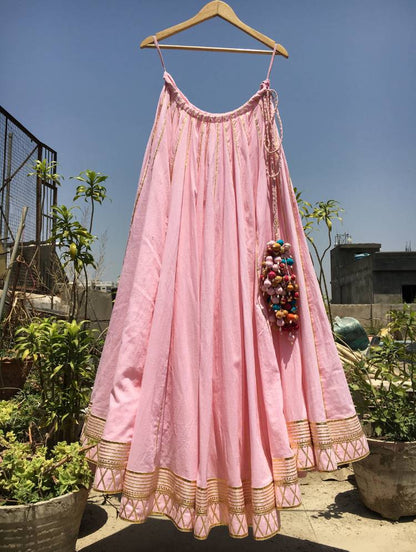 'GULABI CHUMCHUM' Baby Pink Mulmul Cotton Kalidar Ghaghra