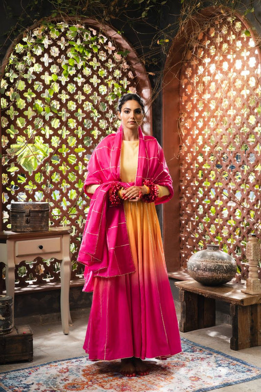 'SEHER' Yellow & Ombré Mulmul Cotton  Anarkali (Set Of 2)