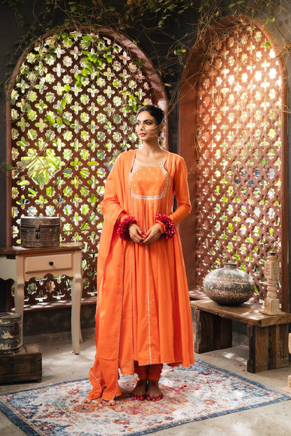 'NOOR BAANO' Tangerine Mulmul Cotton Anarkali (Set Of 3)