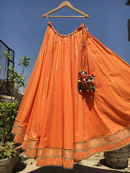 'SANTRA BARFI' Orange Mulmul Cotton Kalidar Ghaghra