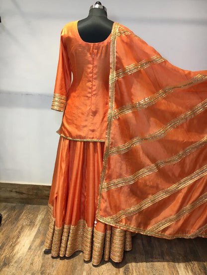 'NAARANGI NOOR' Orange Handloom Chanderi Silk Kalidar Ghaghra (Set of 3)