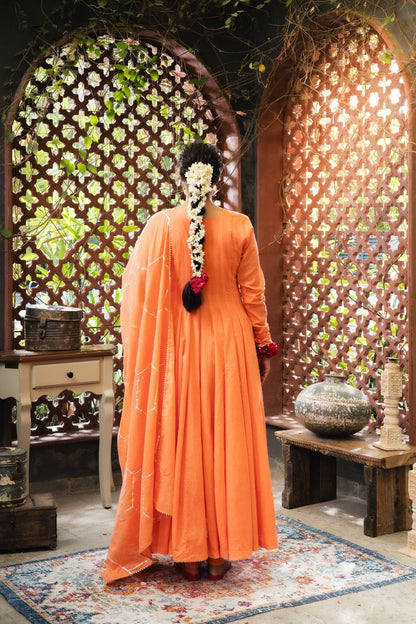 'KESARI' Orange Mulmul Cotton Anarkali (Set Of 3)