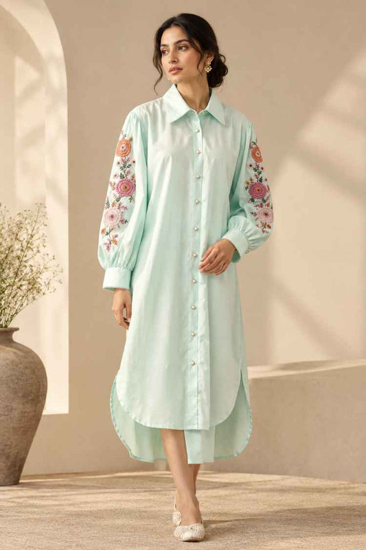 'BAHAAR' Mint Green Cotton Shirt Dress