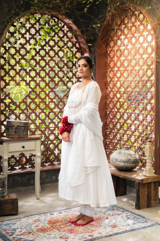 'CHAAND BIBI' White Mulmul Cotton Anarkali