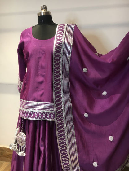 'SHAHI JAMUN' Purple Handloom Chanderi Silk Kalidar Ghaghra (Set Of 3)
