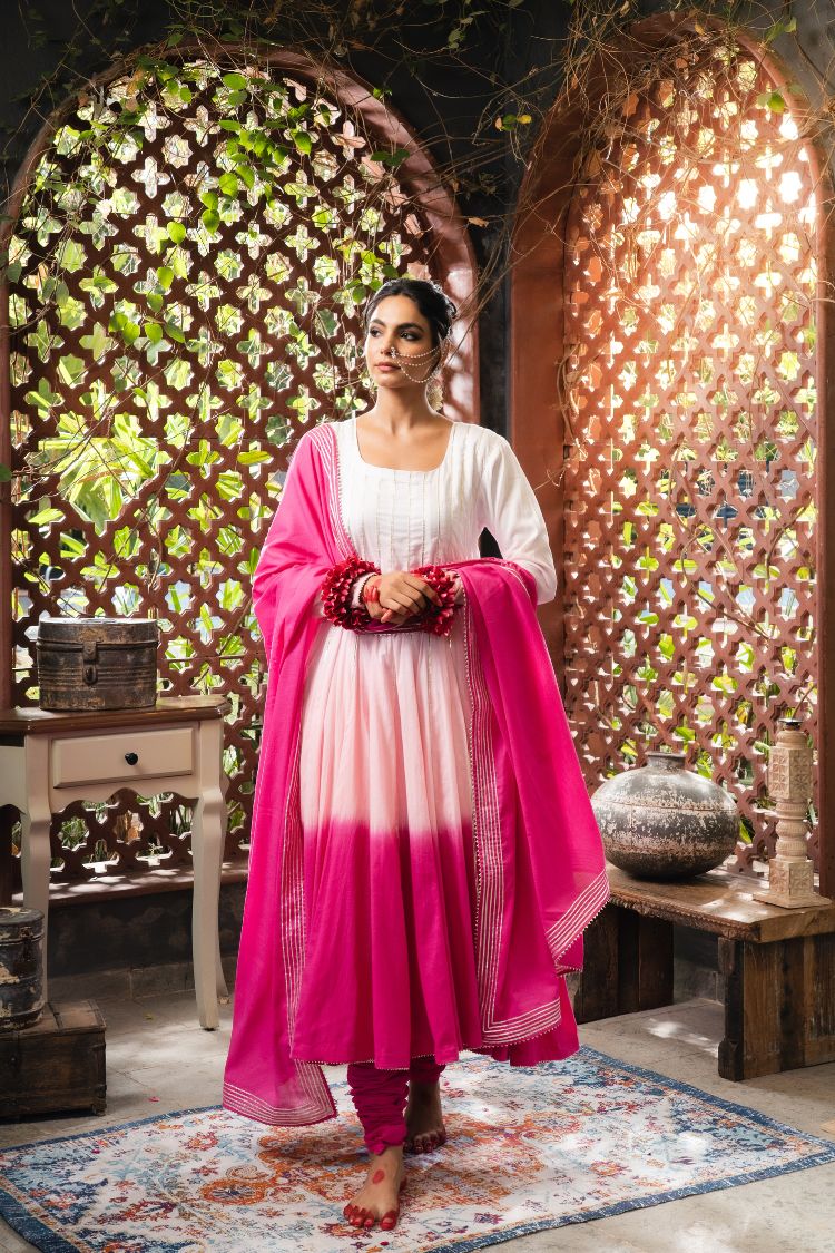 'ROOH-AFZA' Pink & Ombré Mulmul Cotton  Anarkali (Set Of 3)