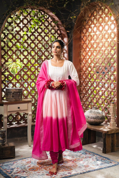 'ROOH-AFZA' Pink & Ombré Mulmul Cotton  Anarkali (Set Of 3)