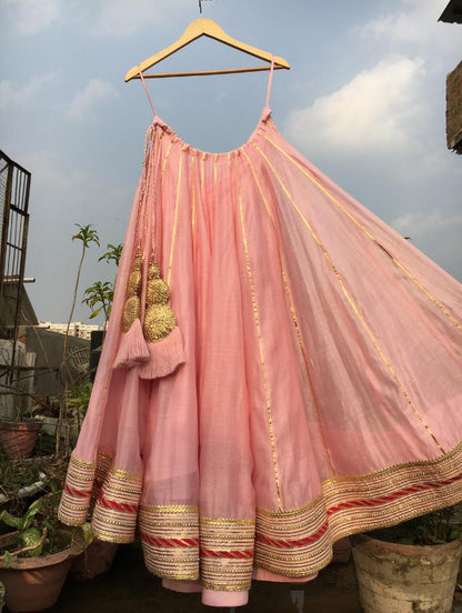 'MALIKA' Baby Pink Handloom Chanderi Silk Kalidar Ghaghra (Set Of 3)