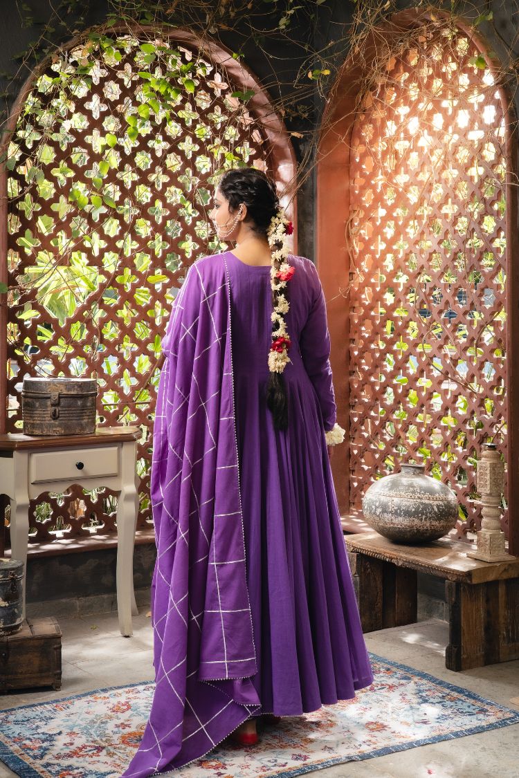 'MEHBOOB' Purple Mulmul Cotton Anarkali (Set Of 3)
