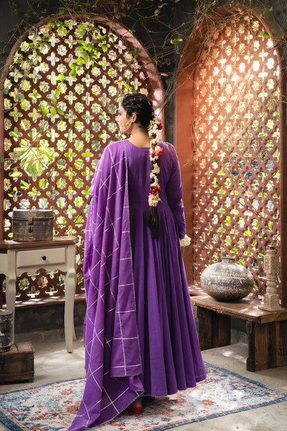 'MEHBOOB' Purple Mulmul Cotton Anarkali (Set Of 3)