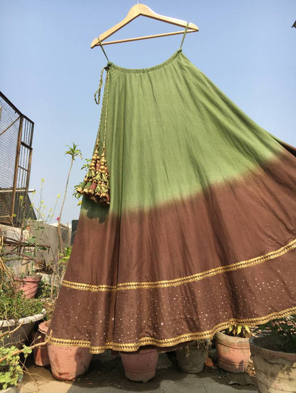 'PRITHVI' Green & Brown Mulmul Cotton Kalidar Ghaghra"