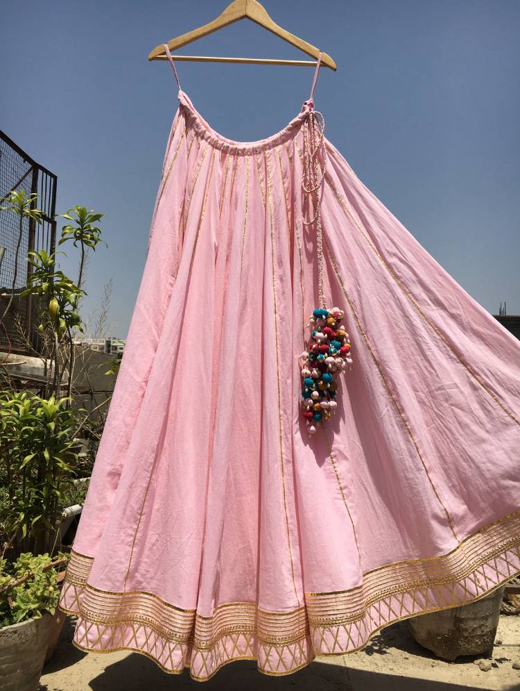 'GULABI CHUMCHUM' Baby Pink Mulmul Cotton Kalidar Ghaghra
