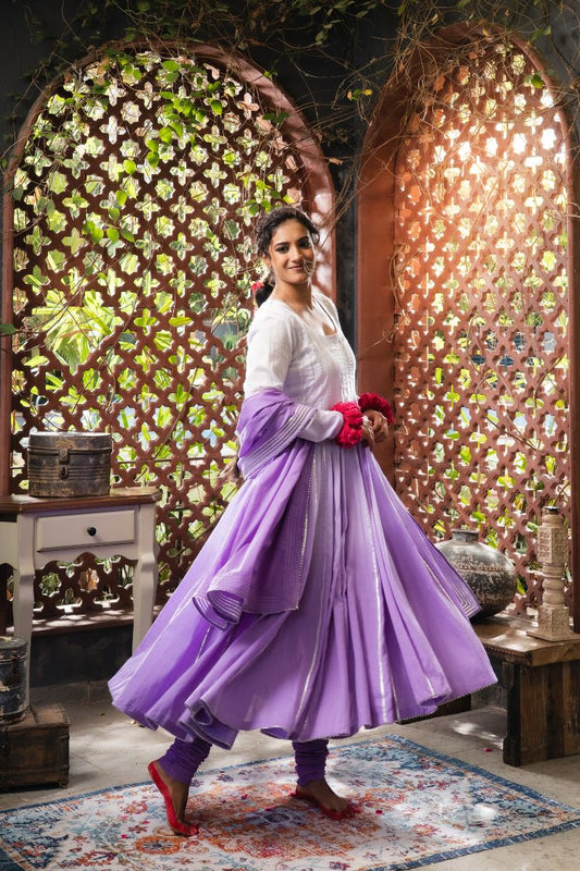 'ISHQIYA' Lavender Mulmul Cotton Anarkali (Set Of 3)
