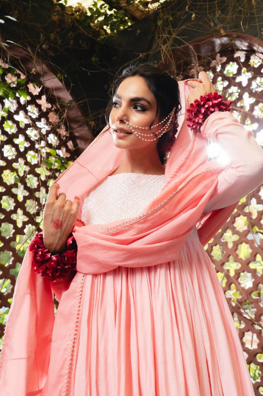 'SHARBAT' Blush Pink & Ombré Mulmul Cotton Anarkali (Set Of 3)