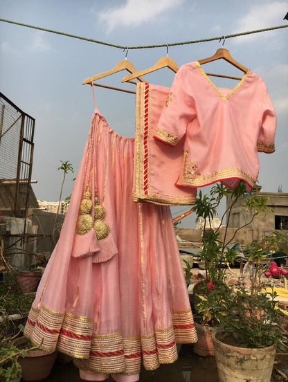 'MALIKA' Baby Pink Handloom Chanderi Silk Kalidar Ghaghra (Set Of 3)