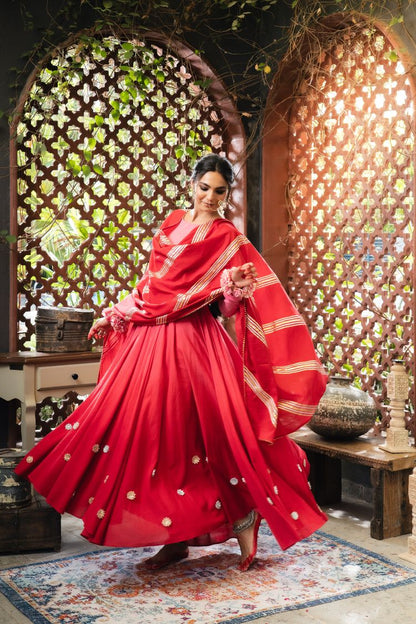 'DILRUBA' Pink & Maroon Ombré Mulmul Cotton Anarkali (Set Of 2)