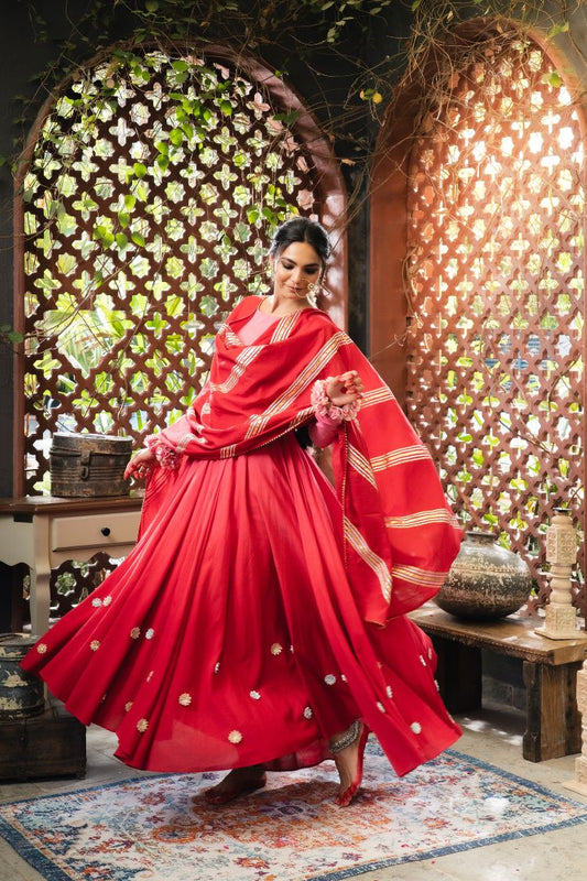'DILRUBA' Pink & Maroon Ombré Mulmul Cotton Anarkali (Set Of 2)