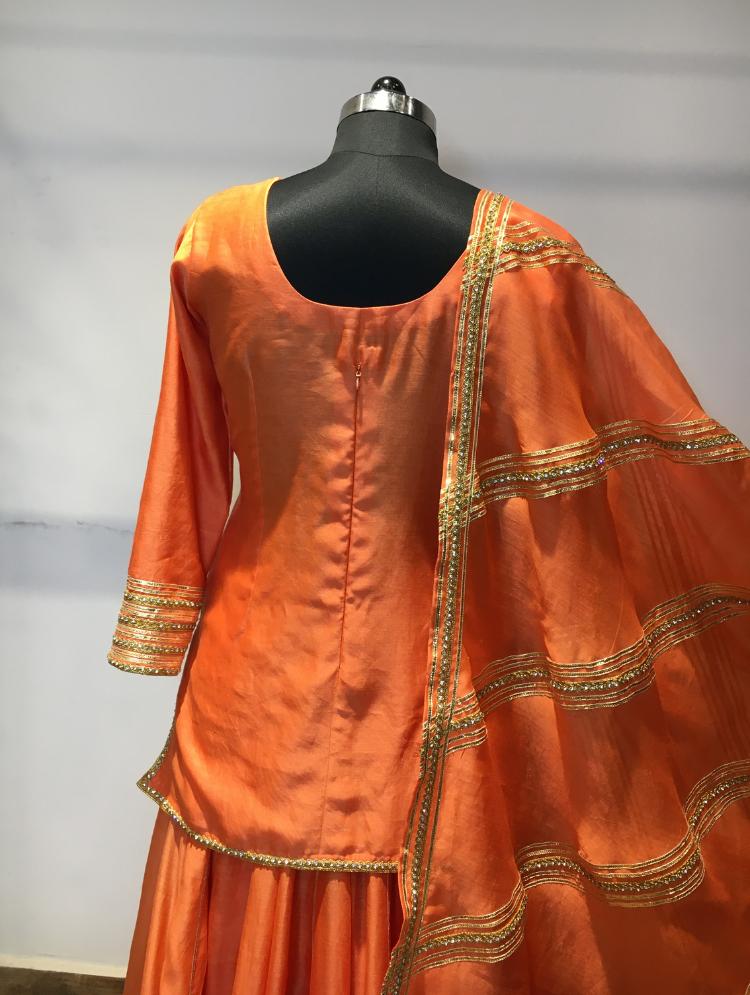 'NAARANGI NOOR' Orange Handloom Chanderi Silk Kalidar Ghaghra (Set of 3)