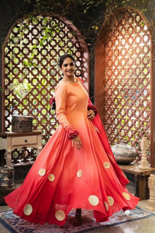 'JAAN-E-BAHAR' Orange & Maroon Ombré Mulmul Cotton Anarkali (Set Of 2)