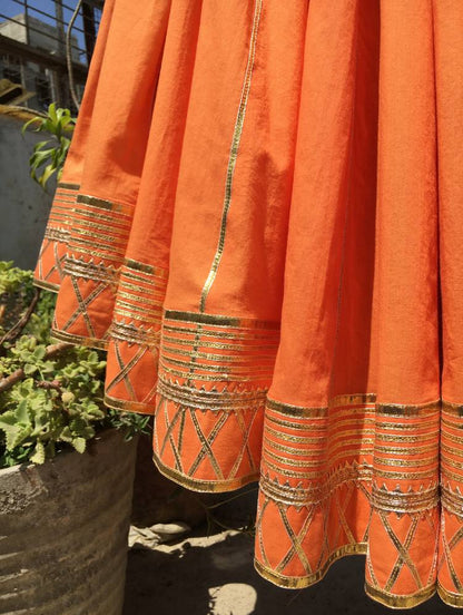 'SANTRA BARFI' Orange Mulmul Cotton Kalidar Ghaghra