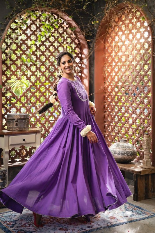 'MEHBOOB' Purple Mulmul Cotton Anarkali (Set Of 3)