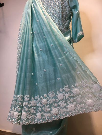 'RUHGUL' Sea Green Handloom Chanderi Silk Saree