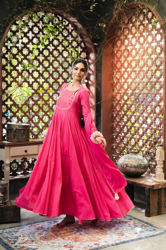 'PAKEEZAH' Rani Pink Mulmul  Cotton Anarkali (Set Of 3)