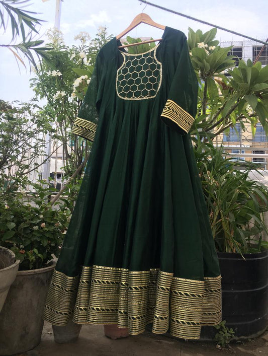 'CHAMPA' Bottle Green Handloom Chanderi Silk Anarkali