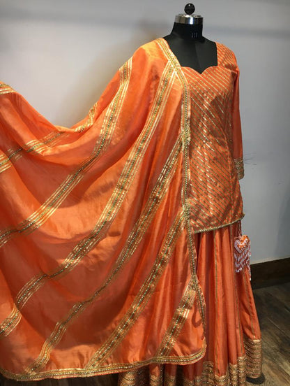 'NAARANGI NOOR' Orange Handloom Chanderi Silk Kalidar Ghaghra (Set of 3)