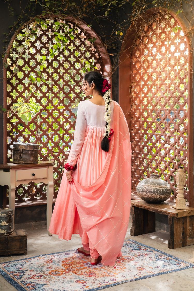 'SHARBAT' Blush Pink & Ombré Mulmul Cotton Anarkali (Set Of 3)