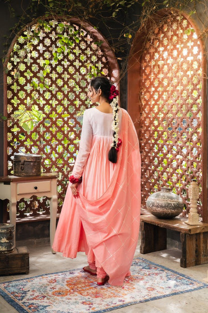 'SHARBAT' Blush Pink & Ombré Mulmul Cotton Anarkali (Set Of 3)