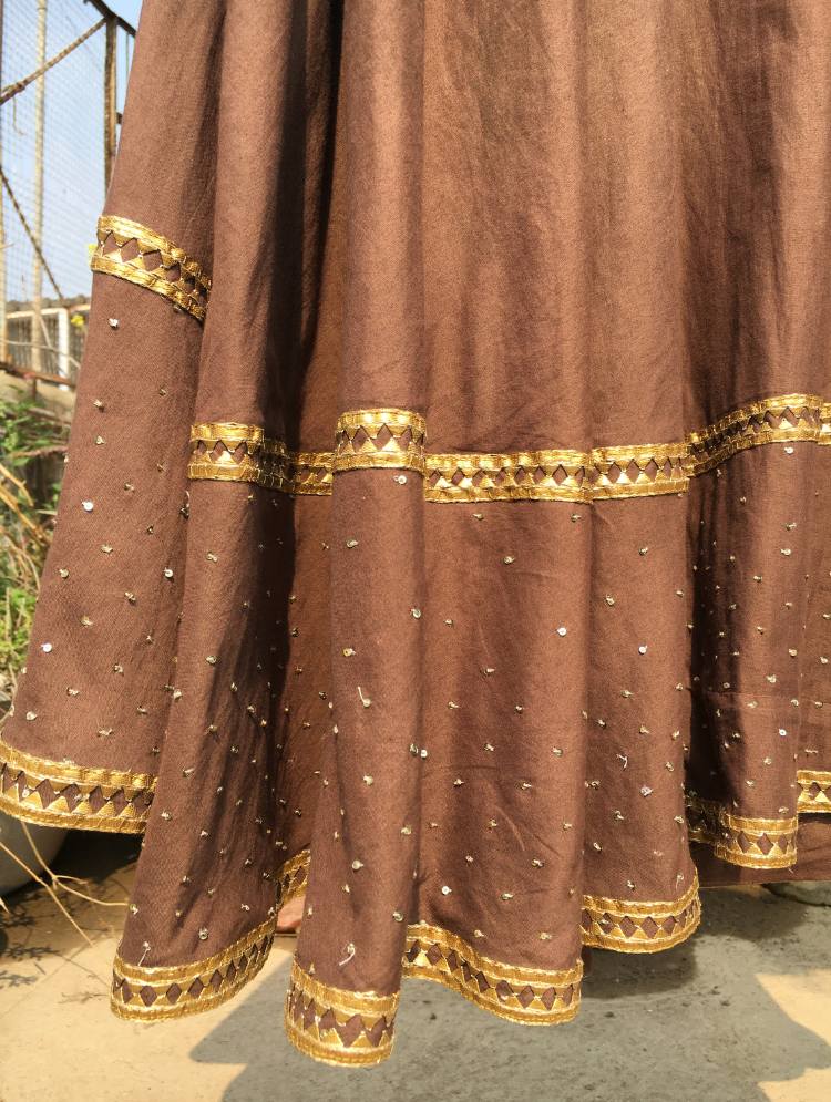 'PRITHVI' Green & Brown Mulmul Cotton Kalidar Ghaghra"
