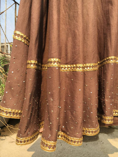 'PRITHVI' Green & Brown Mulmul Cotton Kalidar Ghaghra"