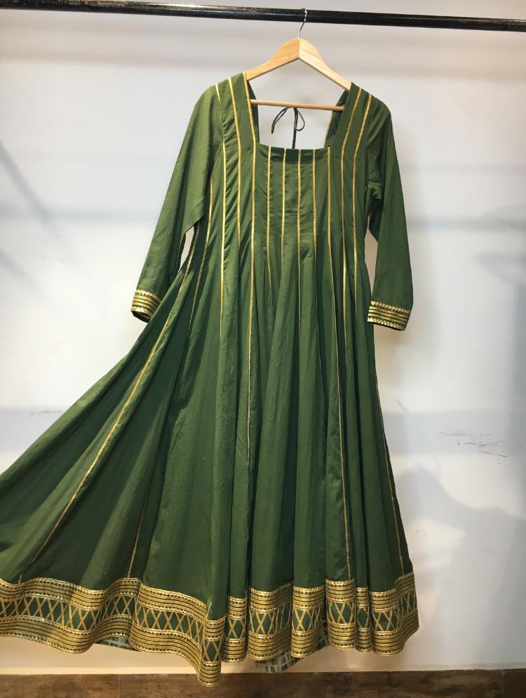 'BELA' Green Mulmul Cotton Kalidar Anarkali
