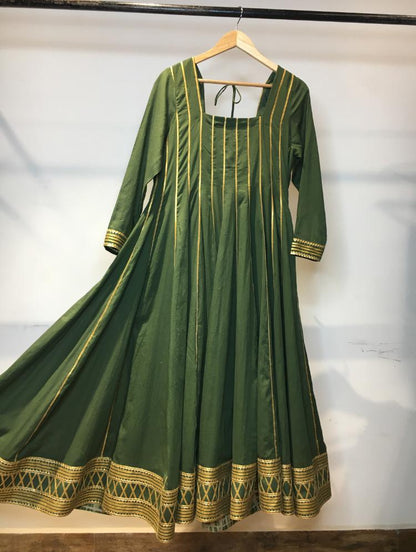 'BELA' Green Mulmul Cotton Kalidar Anarkali