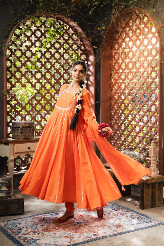 'NOOR BAANO' Tangerine Mulmul Cotton Anarkali (Set Of 3)