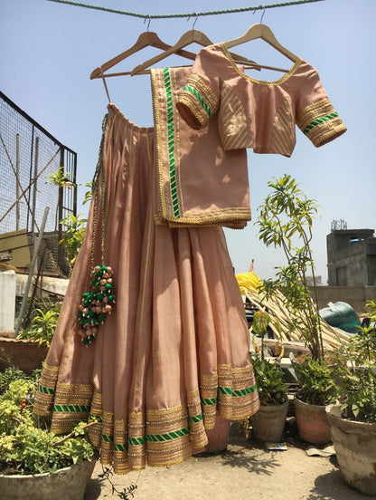 'MISHTHI' Peach Handloom Chanderi Silk Kalidar Ghaghra (Set Of 3)