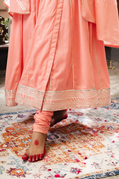 'SAHIBA' Peach Mulmul Cotton Anarkali (Set Of 3)
