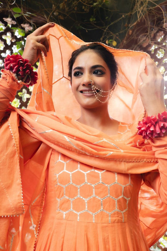 'KESARI' Orange Mulmul Cotton Anarkali (Set Of 3)