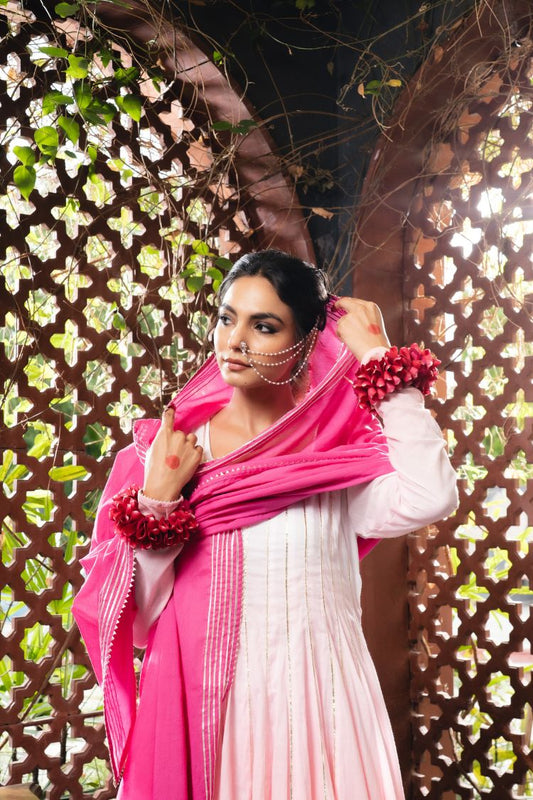 'ROOH-AFZA' Pink & Ombré Mulmul Cotton  Anarkali (Set Of 3)