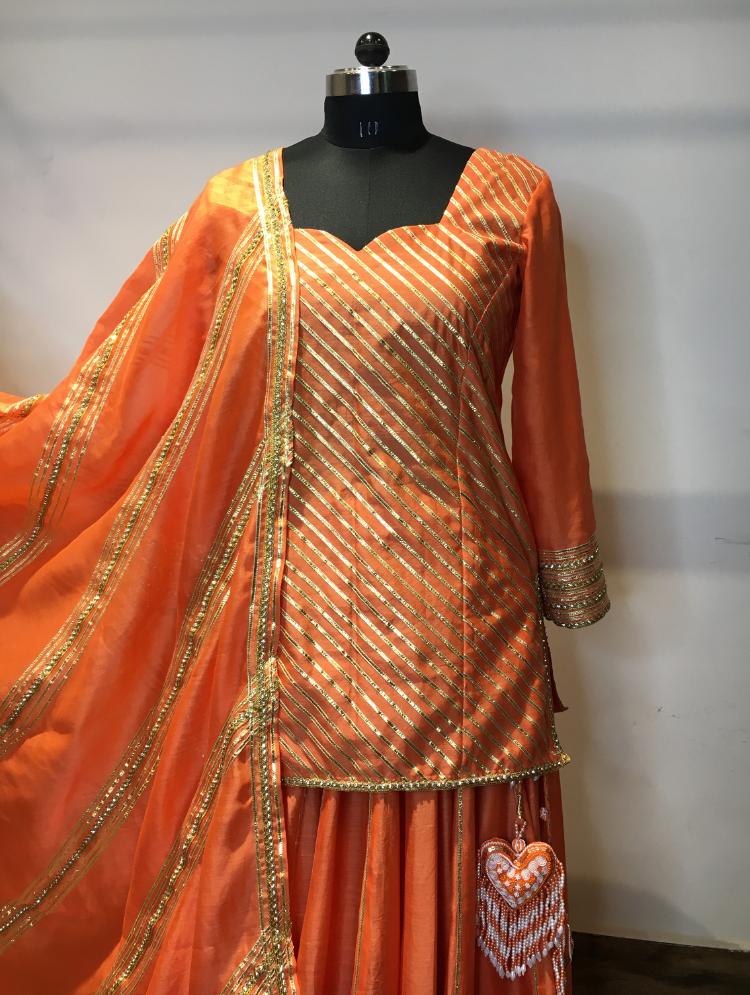 'NAARANGI NOOR' Orange Handloom Chanderi Silk Kalidar Ghaghra (Set of 3)