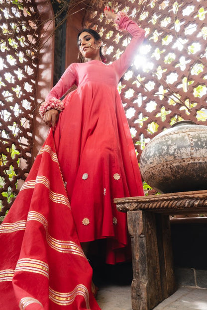 'DILRUBA' Pink & Maroon Ombré Mulmul Cotton Anarkali (Set Of 2)